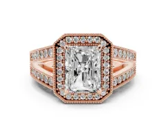 Radiant Cut Diamond Halo Ring Set in Rose gold with Stone-Set Split Shank and Milgrain Edges