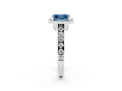 Fancy Blue Asscher Cut Diamond Halo Engagement Ring Set in White gold with Pavé Band and Prong-Set Center