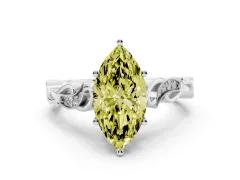 Fancy Yellow Marquise Cut Diamond Vine Band Solitaire Ring Set in White gold with Milgrain Prong Setting