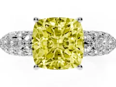 Fancy Yellow Cushion Cut Diamond Pavé Band Solitaire Ring Set in Platinum with Close-Set Accent Stones and Prong Setting