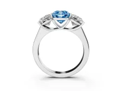 Fancy Blue Cushion Cut Diamond Three-Stone Ring Set in Platinum with Plain Polished Band