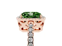 Fancy Green Radiant Cut Diamond Halo Ring Set in Rose gold with Pavé Shoulders and Halo-Framed Center