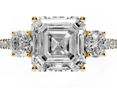 Asscher Cut Diamond Three-Stone Ring Set in Yellow gold with Pavé Band and Graduated Sides