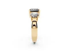 Fancy Black Princess Cut Diamond Three-Stone Ring Set in Yellow gold with Round Side Stones and Classic Band