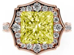 Fancy Yellow Princess Cut Diamond Halo Engagement Ring Set in Rose gold with Milgrain Band and Prong Setting