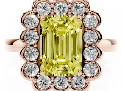 Fancy Yellow Emerald Cut Diamond Halo Cluster Engagement Ring Set in Rose gold with Solitaire Band and Prong Setting