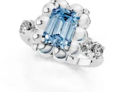 Fancy Blue Emerald Cut Diamond Floral Halo Ring Set in White gold with Shared Prong Band