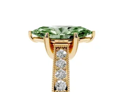 Fancy Green Marquise Cut Diamond Solitaire Ring Set in Yellow gold with Milgrain-Edged Pavé Band and Prong Setting