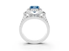 Fancy Blue Asscher Cut Diamond Halo Split Shank Ring Set in White gold with Round Accent Stones and Prong Setting