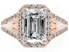 Emerald Cut Diamond Halo Split Shank Pavé Ring Set in Rose gold with Prong Setting