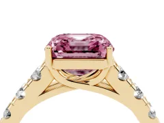 Fancy Pink Asscher Cut Diamond Solitaire Ring Set in Yellow gold with Cut-Down Micro Pavé Band and Prong Setting