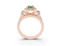Fancy Green Oval Cut Diamond Halo Split Shank Ring Set in Rose gold with Round Accent Stones and Prong Setting