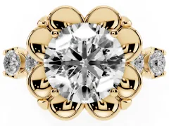 Round Cut Diamond Floral Halo Ring Set in Yellow gold with Shared Prong Band