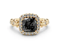 Fancy Black Cushion Cut Diamond Halo Ring Set in Yellow gold with Filigree Leaf Band and Prong Setting