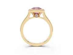 Fancy Pink Radiant Cut Diamond Halo Milgrain Pavé Band Ring Set in Yellow gold with Prong Setting