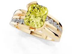 Fancy Yellow Radiant Cut Diamond Solitaire Ring Set in Yellow gold with Channel Set Split Shank and Tension Prongs