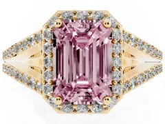 Fancy Pink Emerald Cut Diamond Halo Split Shank Pavé Ring Set in Yellow gold with Prong Setting