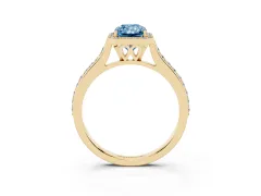 Fancy Blue Radiant Cut Diamond Halo Engagement Ring Set in Yellow gold with Round Pavé Shoulders and Heart Gallery