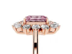 Fancy Pink Emerald Cut Diamond Floral Double Halo Ring Set in Rose gold with Round Petals