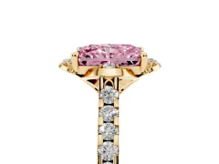 Fancy Pink Radiant Cut Diamond Solitaire Ring Set in Yellow gold with Pavé Band and Floral Prong Setting