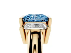 Fancy Blue Radiant Cut Diamond Three-Stone Channel Set Ring Set in Yellow gold with Smooth Polished Band