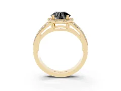 Fancy Black Round Cut Diamond Halo Ring Set in Yellow gold with Double Pavé Split Shank