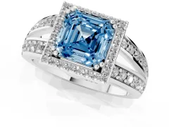 Fancy Blue Asscher Cut Diamond Halo Ring Set in Platinum with Double Pavé Split Shank