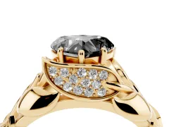 Fancy Black Heart Cut Diamond Leaf-Inspired Engagement Ring Set in Yellow gold with Round Accents