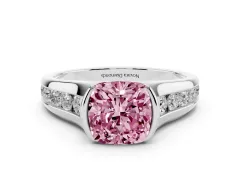Fancy Pink Cushion Cut Diamond Bezel-Set Solitaire Ring Set in Silver with Channel-Set Band
