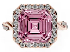 Fancy Pink Asscher Cut Diamond Halo Twist Band Solitaire Ring Set in Rose gold with Prong Setting