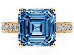 Fancy Blue Asscher Cut Diamond Solitaire Ring Set in Yellow gold with Milgrain-Edged Pavé Band and Prong Setting