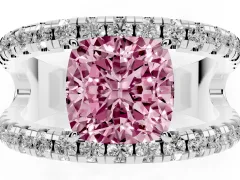 Fancy Pink Cushion Cut Diamond Split Shank Pavé Solitaire Ring Set in White gold with Open Shank Design