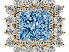 Fancy Blue Princess Cut Diamond Floral Double Halo Ring Set in Yellow gold with Round Petals