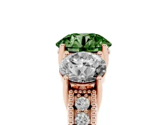Fancy Green Round Cut Diamond Three-Stone Engagement Ring Set in Rose gold with Milgrain Pavé Band