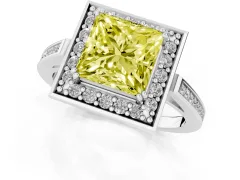 Fancy Yellow Princess Cut Diamond Halo Ring Set in Silver with Accent-Lined Split Shank and Prong Setting