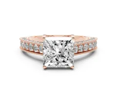 Princess Cut Diamond Solitaire Ring Set in Rose gold with Milgrain-Edged Pavé Band and Prong Setting