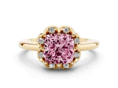 Fancy Pink Cushion Cut Diamond Round Cluster Halo Ring Set in Yellow gold with Solitaire Band and Prong Setting