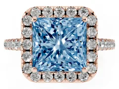 Fancy Blue Princess Cut Diamond Halo Pavé Engagement Ring Set in Rose gold with Prong Setting
