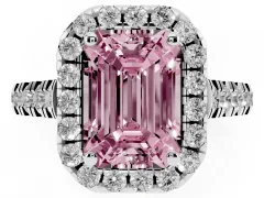 Fancy Pink Emerald Cut Diamond Halo Engagement Ring Set in White gold with Pavé Band and Prong-Set Center