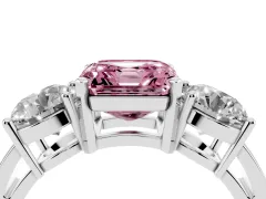 Fancy Pink Asscher Cut Diamond Three-Stone Ring Set in Platinum with Round Side Stones and Classic Band