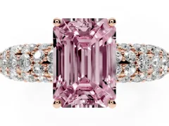Fancy Pink Emerald Cut Diamond Pavé Band Solitaire Ring Set in Rose gold with Close-Set Accent Stones and Prong Setting