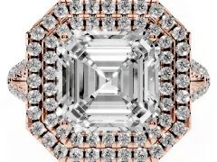 Asscher Cut Diamond Double Halo Ring Set in Rose gold with Pavé Band