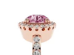 Fancy Pink Round Cut Diamond Halo Ring Set in Rose gold with Pavé Shank and Prong Setting