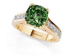 Fancy Green Cushion Cut Diamond Channel Set Solitaire Engagement Ring Set in Yellow gold with Prong Setting