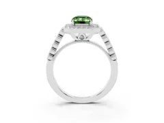 Fancy Green Emerald Cut Diamond Milgrain Halo Solitaire Ring Set in Platinum with Bezel Set Side Stones and Pavé Band