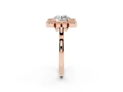 Round Cut Diamond Cluster Halo Ring Set in Rose gold with Milgrain Bezel Accents and Plain Band