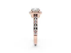 Cushion Cut Diamond Halo Engagement Ring Set in Rose gold with Pavé Band and Prong-Set Center