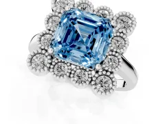 Fancy Blue Asscher Cut Diamond Cluster Halo Ring Set in Silver with Milgrain Bezel Accents and Plain Band