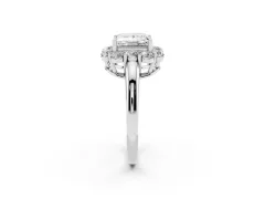 Princess Cut Diamond Milgrain Halo Solitaire Ring Set in White gold with Bezel Set Side Stones and Pavé Band