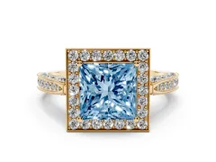 Fancy Blue Princess Cut Diamond Halo Engagement Ring Set in Yellow gold with Accent Split Shank Band